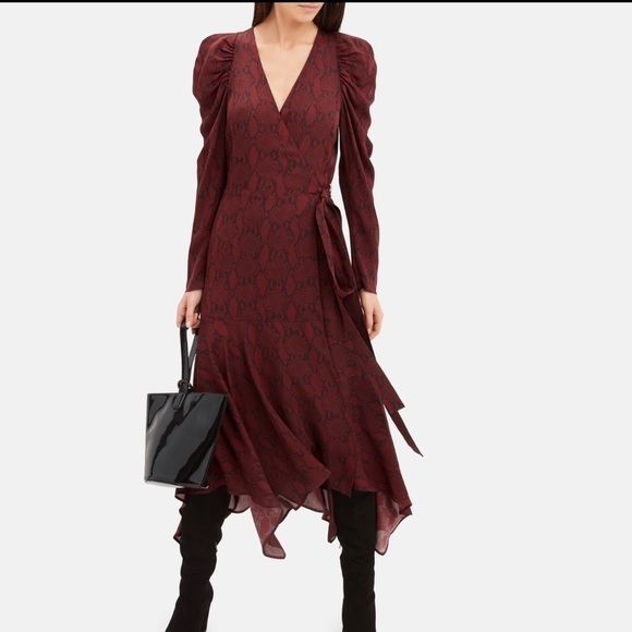 ALC RED SNAKESKIN SILK LONG PUFF SLEEVE RED HOLIDAY TIANNA WRAP MIDI DRESS - Picture 3 of 11